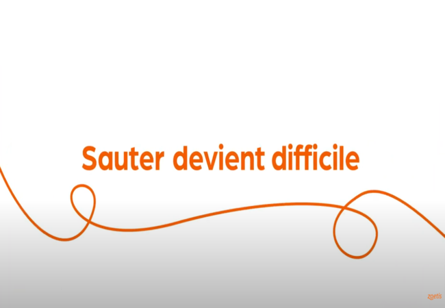 Texte « Il peine à sauter » avec une spirale orange sur fond blanc.